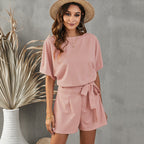 Women's Round Neck Short-sleeved Lace-up Jumpsuit Pi-Mart