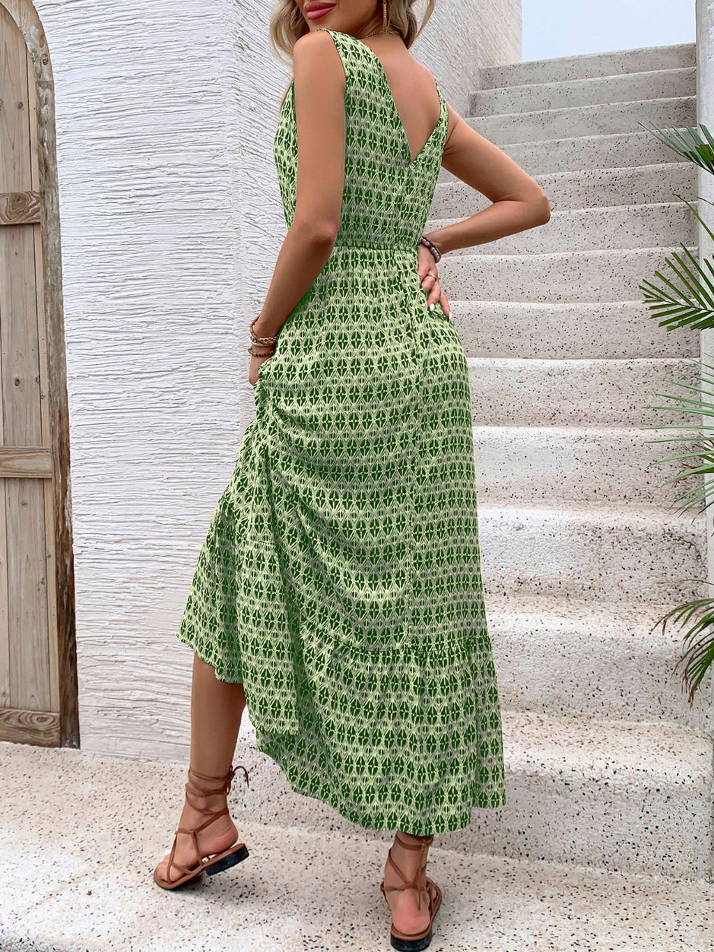 Vintage Printed V-Neck Tie Waist Midi Dress Lightweight Trendy & Elegant Dress for Women Stevvex