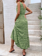 Vintage Printed V-Neck Tie Waist Midi Dress Lightweight Trendy & Elegant Dress for Women Stevvex