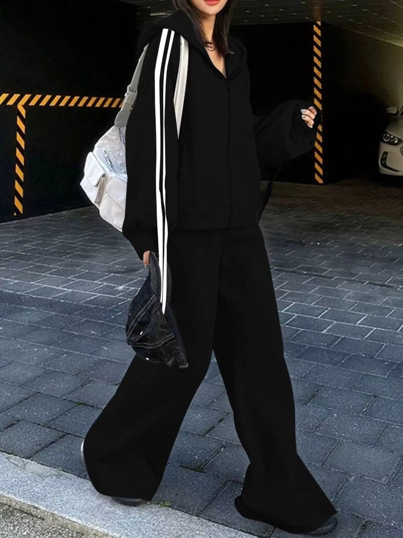 Side Striped Zip Up Hoodie and Pants Set THRIXINE