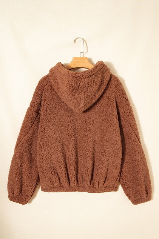 Solid Sherpa Fleece Zip Up Hooded Jacket THRIXINE