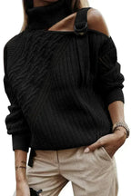 Winter Black Strapped Cut out Shoulder Turtleneck Sweater - SJB-DIAMOND ELITES