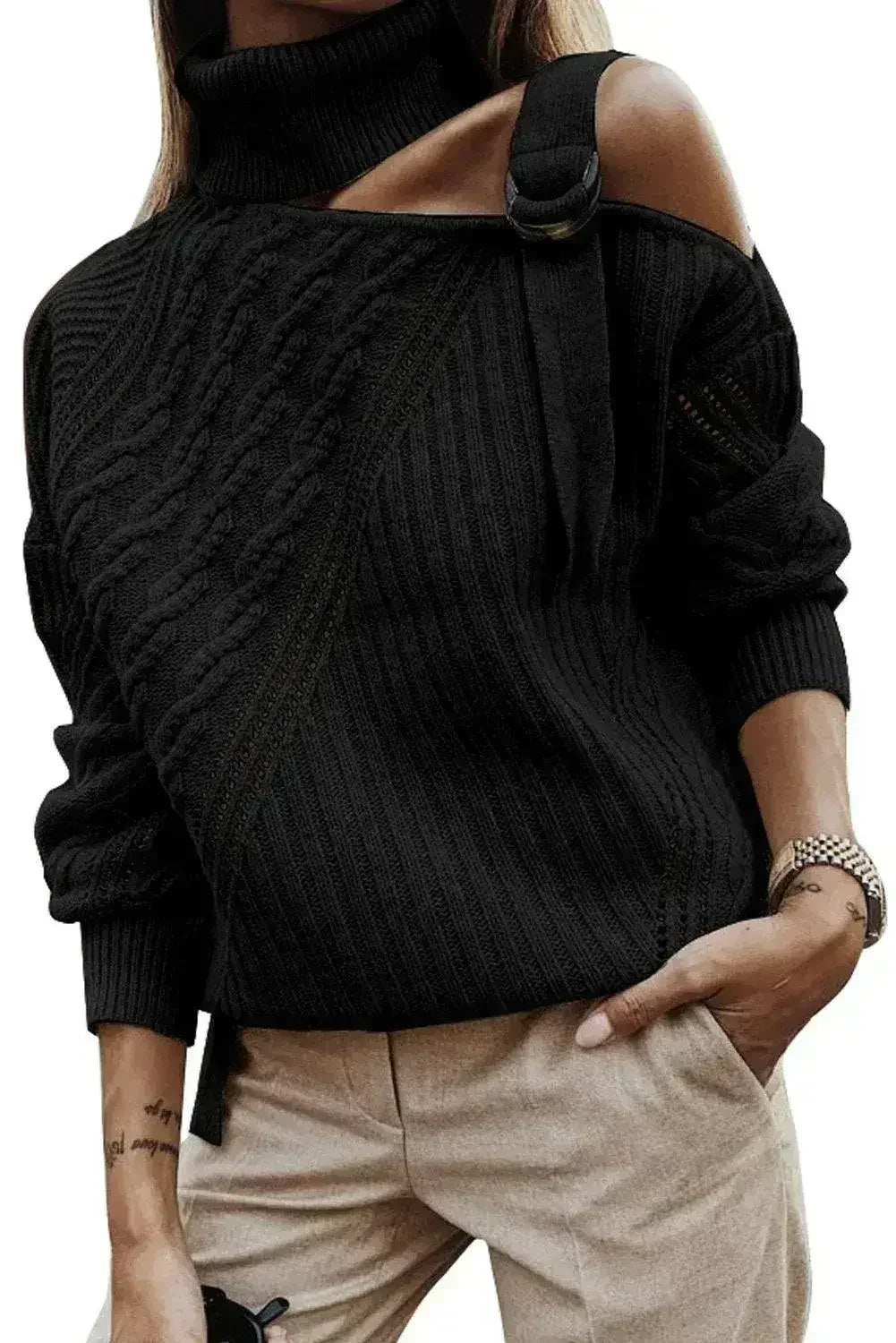 Winter Black Strapped Cut out Shoulder Turtleneck Sweater - SJB-DIAMOND ELITES