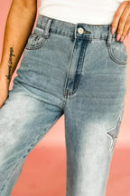 Stone Blue Star Patchwork Light Wash Wide Leg High Waist Jeans