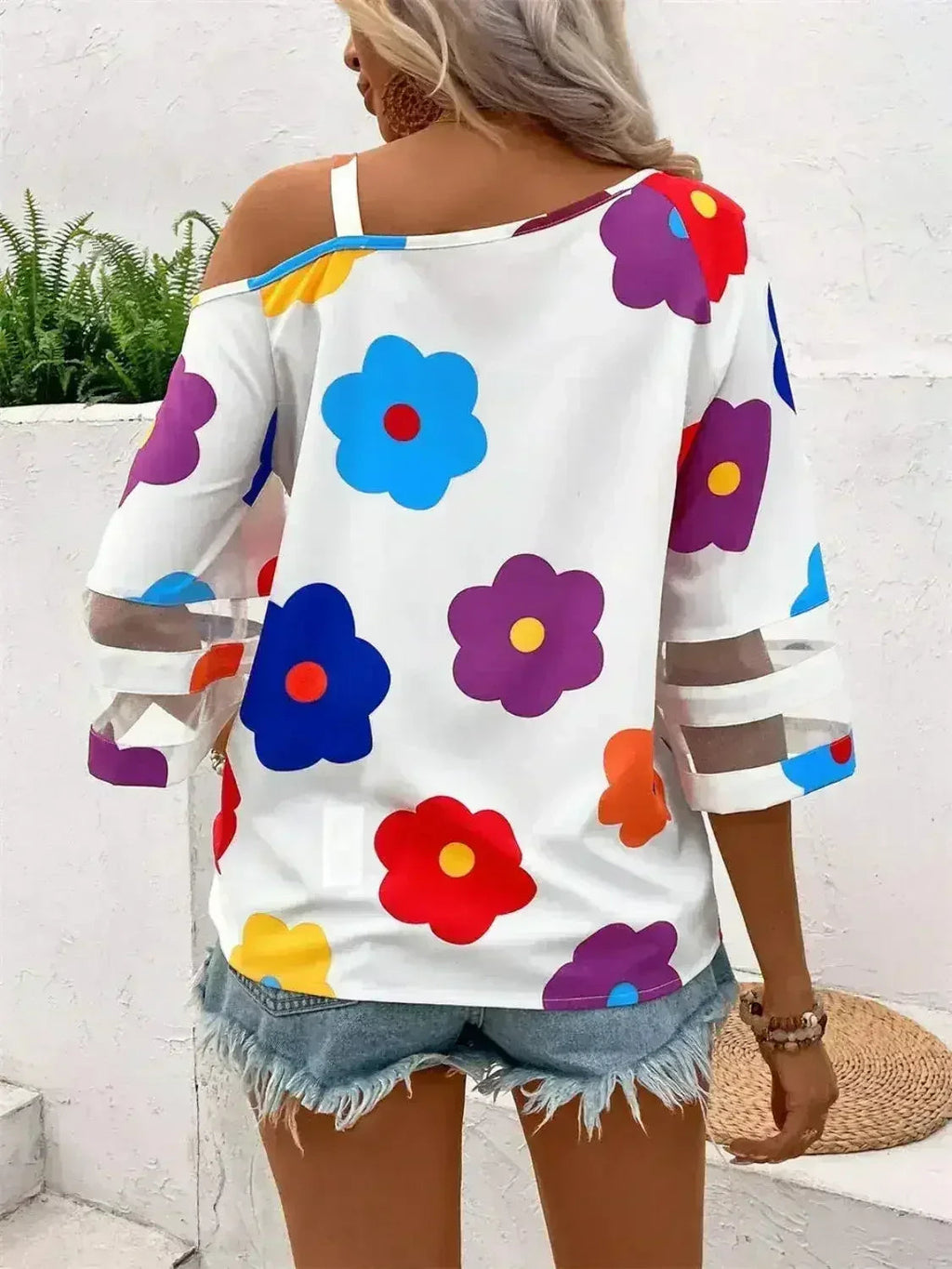 White Color Flower Asymmetrical Neck Blouse | Femstylo - SJB-DIAMOND ELITES