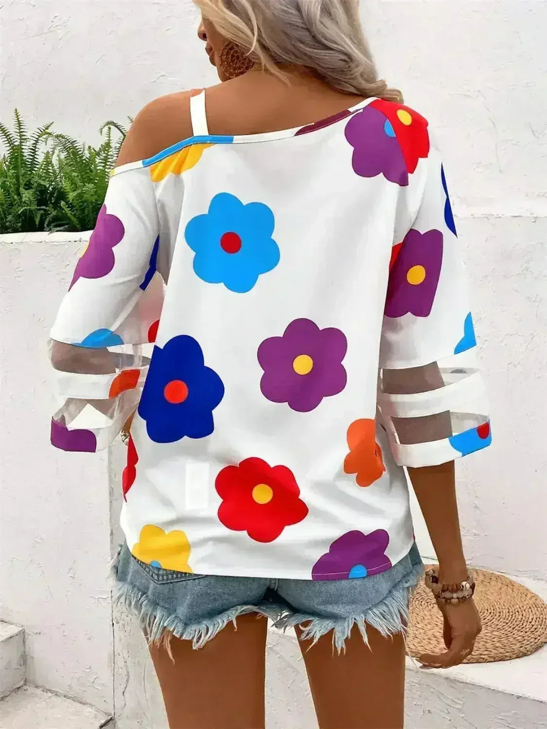 White Color Flower Asymmetrical Neck Blouse | Femstylo - SJB-DIAMOND ELITES