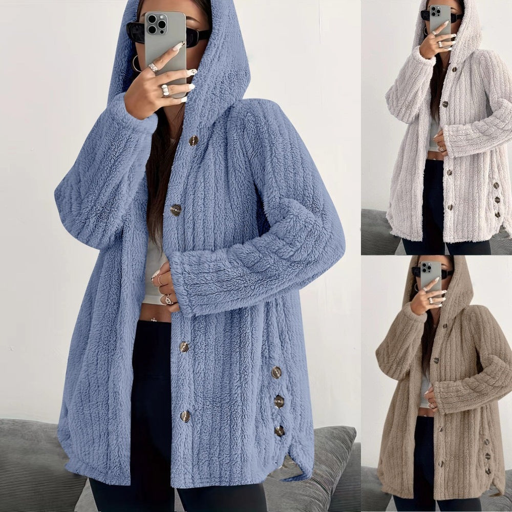 Hooded Loose Plush Coat Women's Regular Sleeve Pi-Mart