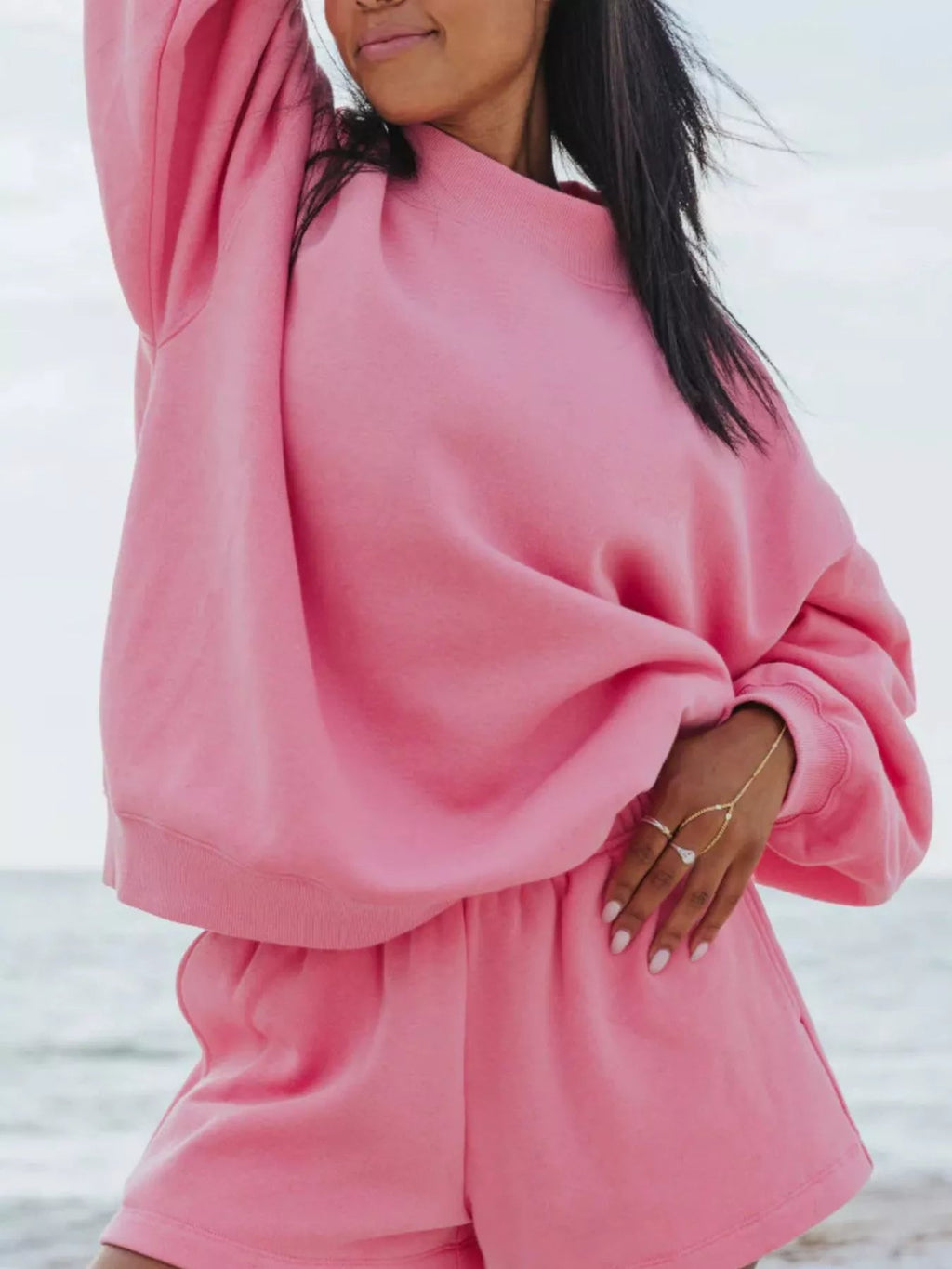 Relaxed Fit Round Neck Sweatshirt and Shorts Set THRIXINE