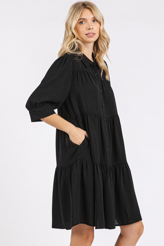 Button Detail Collared Neck Tiered Shirt Dress For Women – Classic Elegant, Fluttering, Chic, and Versatile For Any Occasion Stevvex