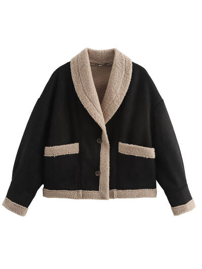 Fuzzy Collared Neck Long Sleeve Jacket with Buttoned Closure and Cozy Pockets Stevvex