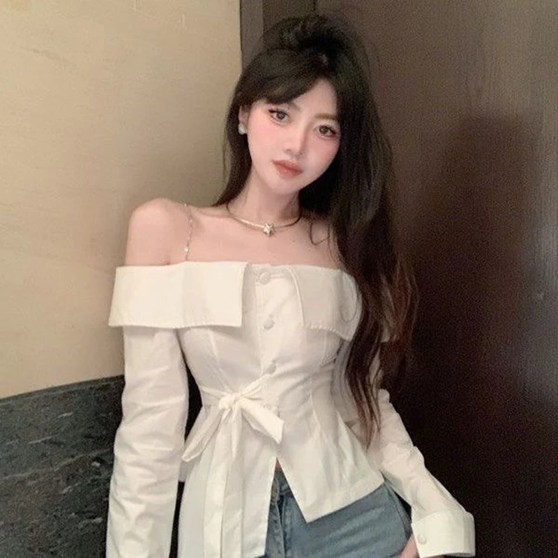 Elegant Slash Neck Shirts Women Streetwear Ruffles Bandage White Blouses Korean Fashion Chain Long Sleeve Design Slim Tops New Purplish Diva