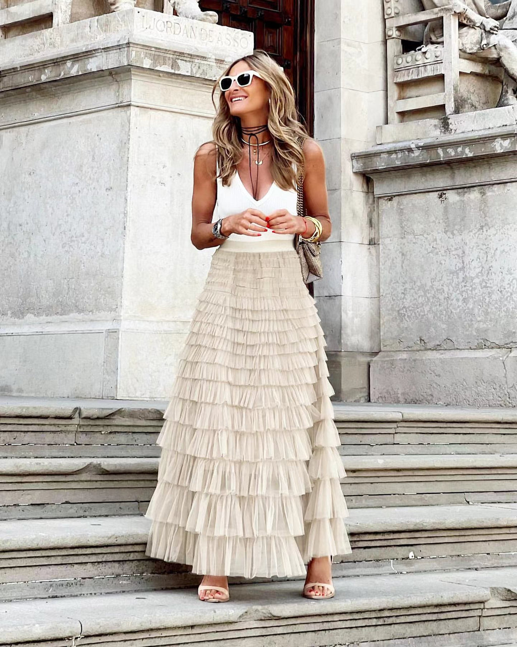 Layered Ruffles Cake Skirt Summer Fashion A Line Swing Mesh Long Skirt Party Dress Women Pi-Mart