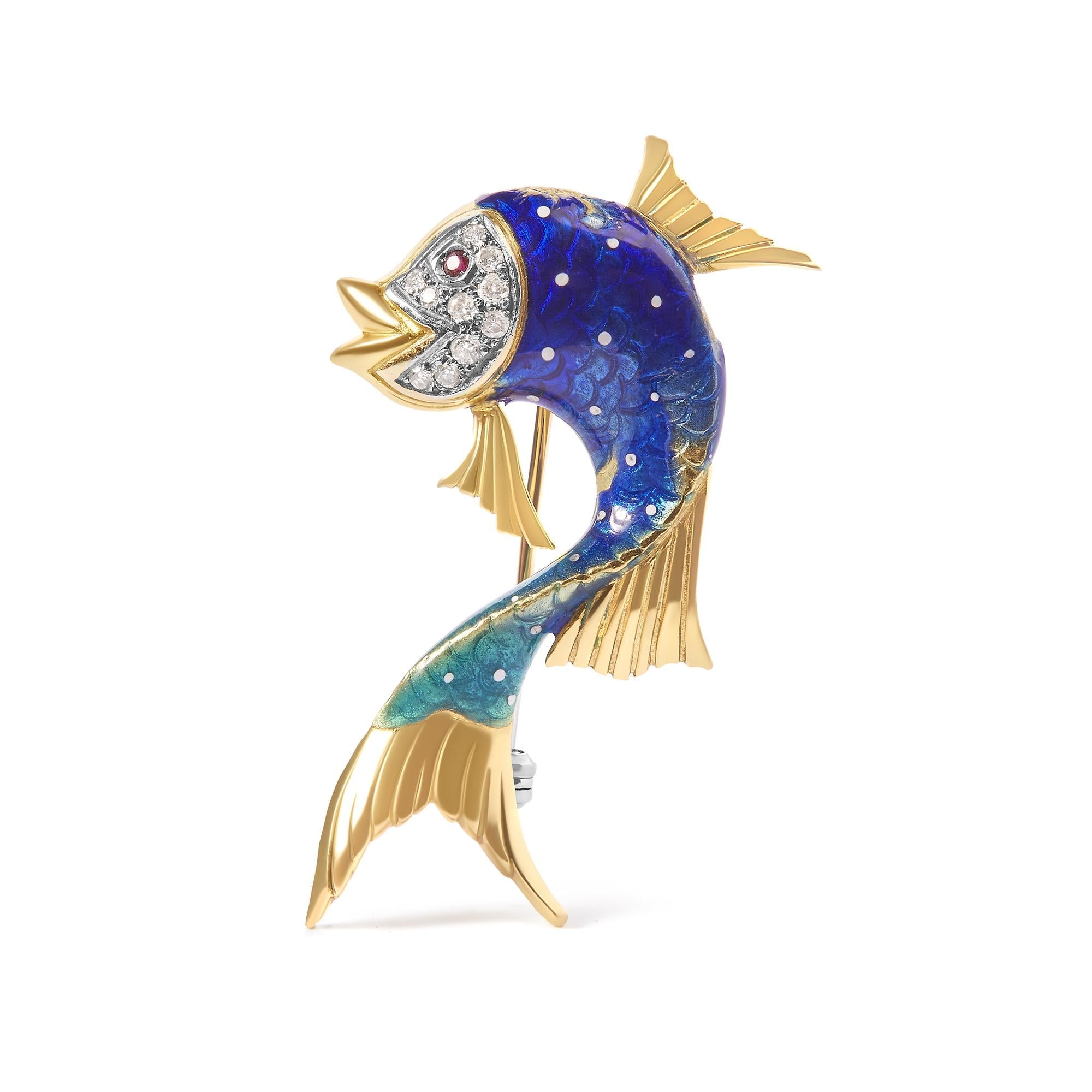 18K Yellow Gold and Blue Enamel Diamond and Pink Sapphire Fish Brooch Pin (H-I Color, VS2-SI1 Clarity) Lootquake LLC