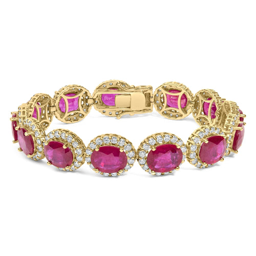 14K Yellow Gold 6 2/5 Cttw Diamond and 34.0 Cttw Oval Red Ruby Halo Link Bracelet (I-J Color, SI1-SI2 Clarity) - 7.25" Inches Lootquake LLC