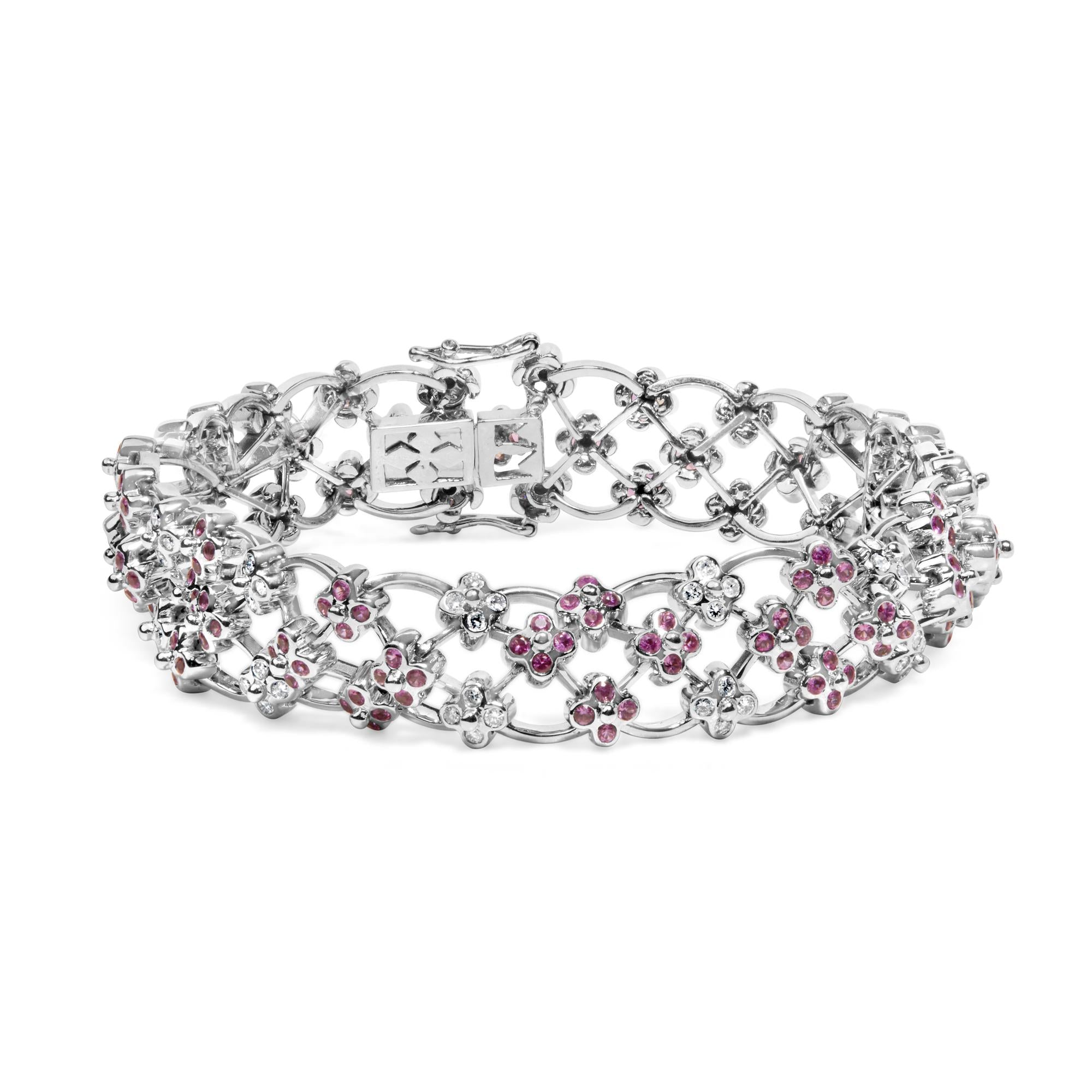 14K White Gold Pink Sapphire and Diamond Floral Lattice Link Bracelet - 7.25" Inches Lootquake LLC