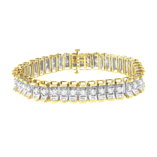 14K Yellow and White Gold 5.0 Cttw Round & Baguette Cut Diamond 7" Reflective Tennis Bracelet (H-I Color, I1-I2 Clarity) Lootquake LLC