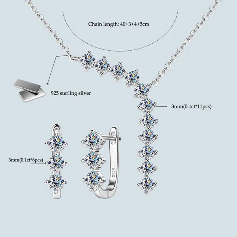 1.7ct Moissanite Necklace And Earrings Set 925 Sterling Silver Y Pendant D BandsCo Straps
