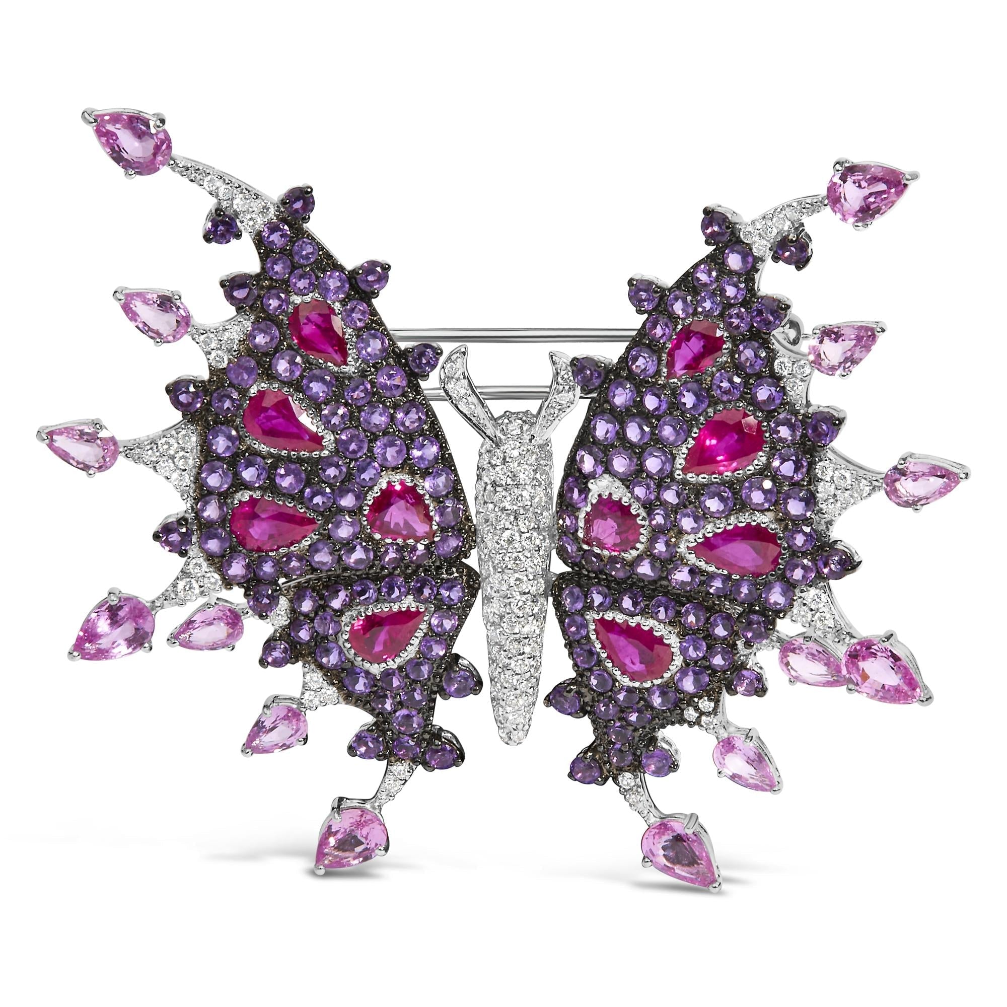 18K White Gold 1.00 Cttw Diamond, Ruby  Sapphire, and Amethyst Mixed Gemstone Butterfly Brooch Pin (G-H Color, VS1-VS2 Clarity) Lootquake LLC