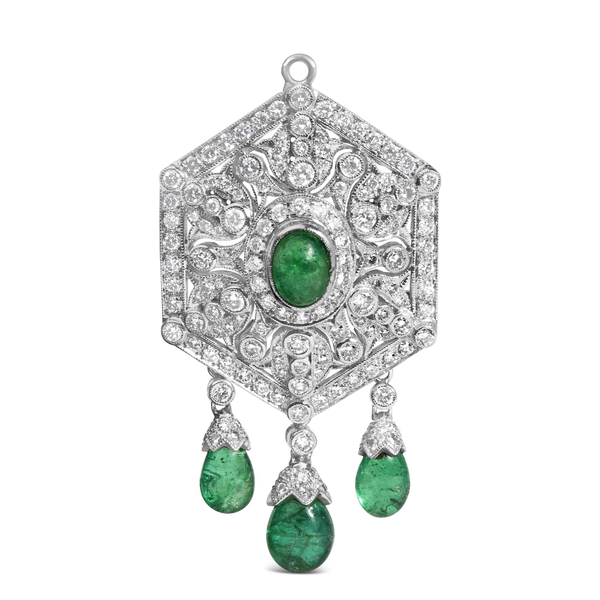 18K 2 3/4 Cttw Diamond and Emerald Dangle Art Deco Shield Brooch Pin Pendant (G-H Color, VS1-VS2 Clarity) CHAIN NOT INCLUDED Lootquake LLC