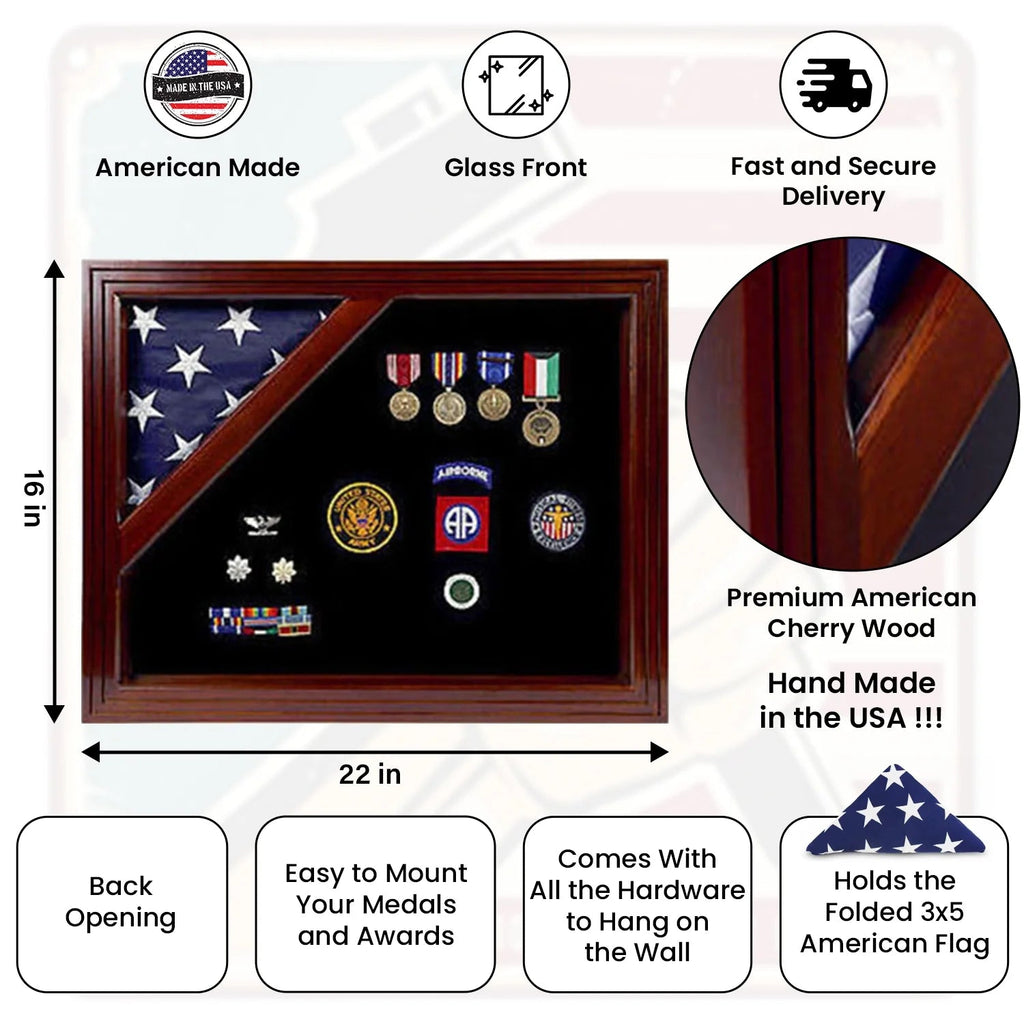 Military Award Shadow Box with Display Case for 3 x 5ft Flag - Felt in Black Color. The Military Gift Store