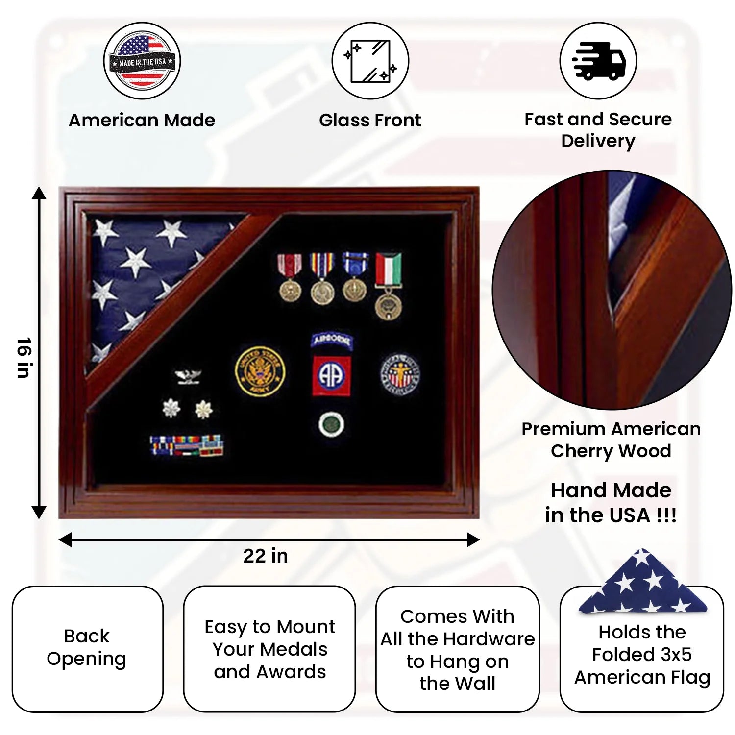 Military Award Shadow Box with Display Case for 3 x 5ft Flag - Felt in Black Color. The Military Gift Store