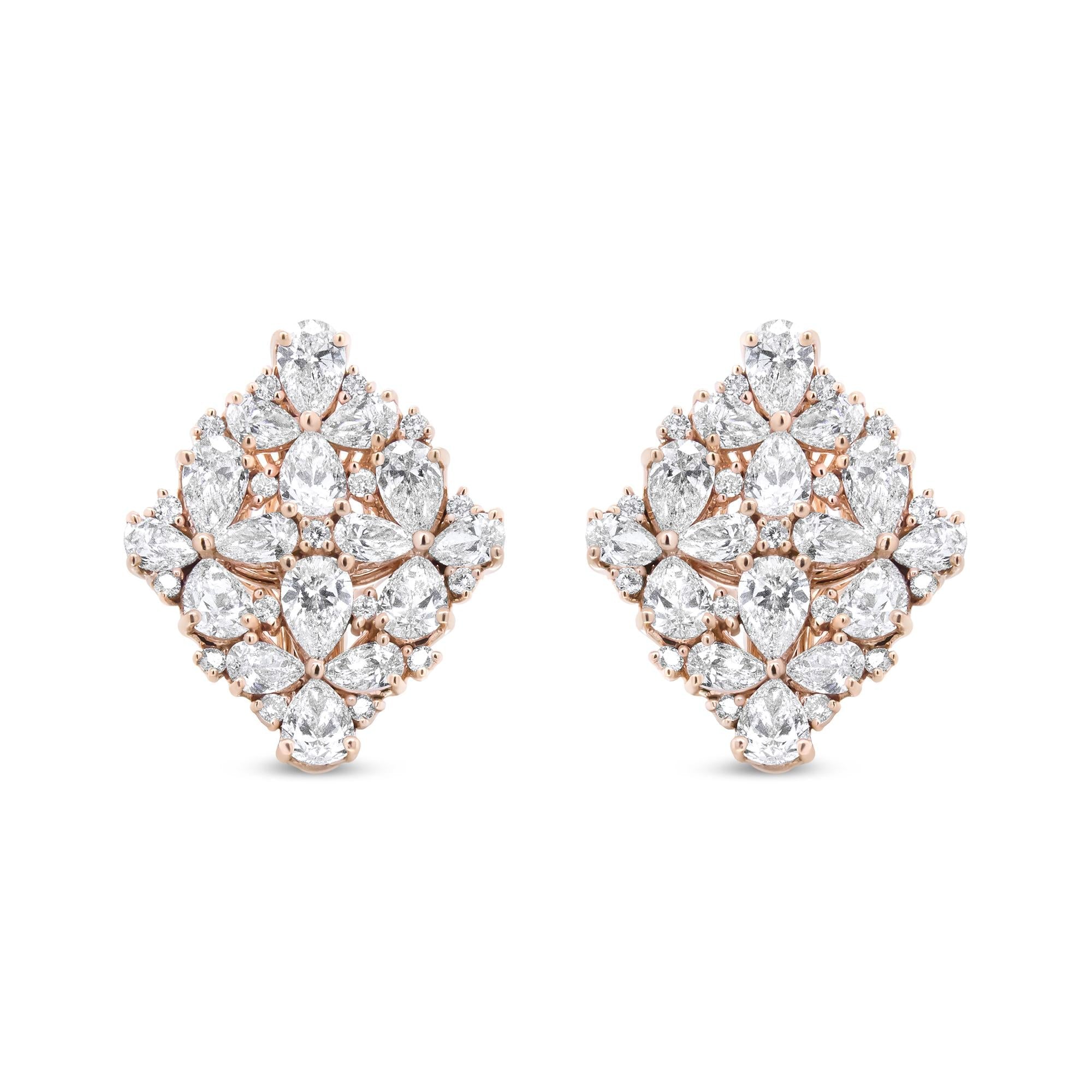 18K Rose Gold 8 1/3 Cttw Pear and Round Diamond Floral Cluster Omega Earrings (F-G Color, VS1-VS2 Clarity) Lootquake LLC