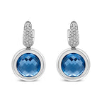18K White Gold Bezel Set 11mm Blue Topaz and 1/2 Cttw Invisible Set Diamond Bale Dangle Earrings (F-G Color, VS1-VS2 Clarity)