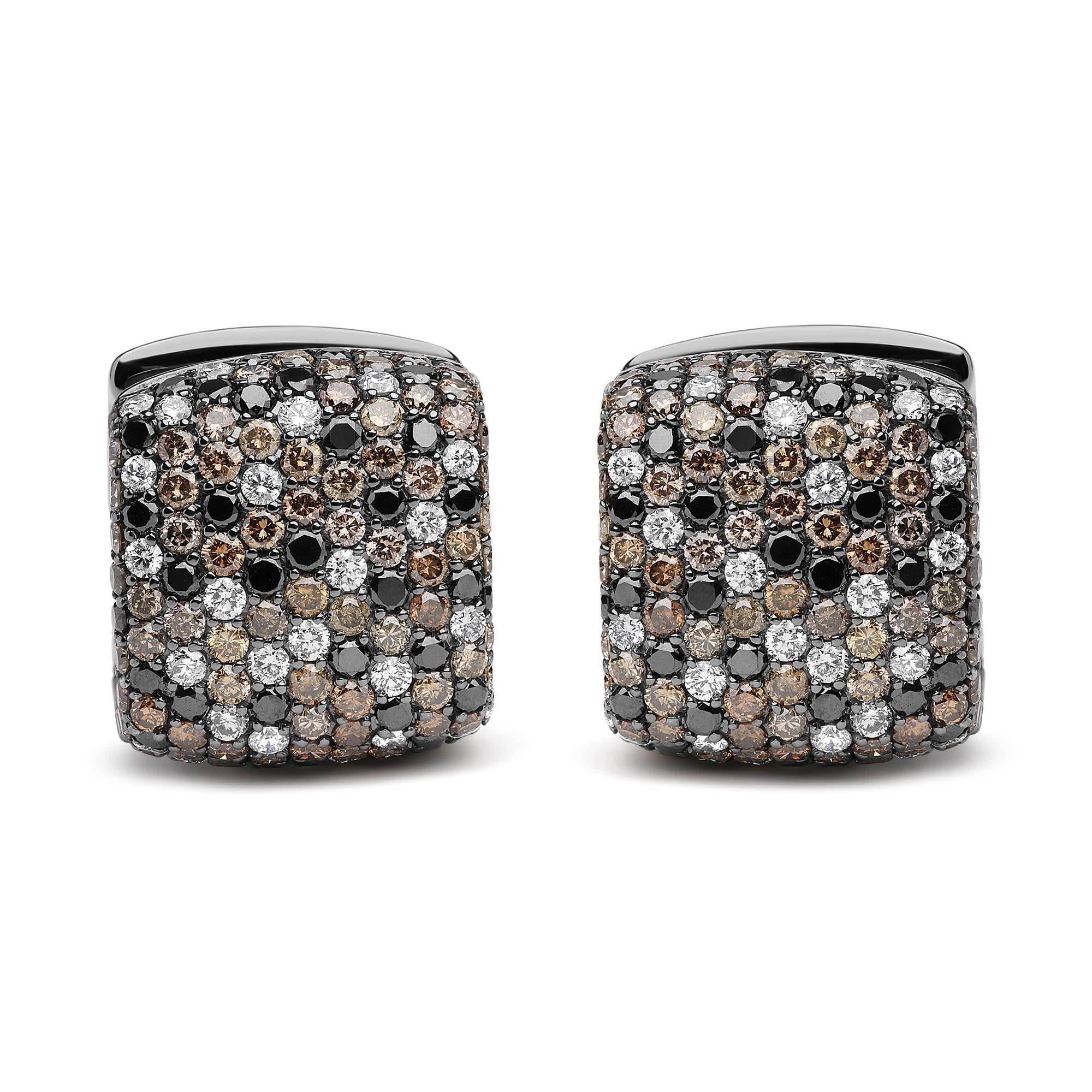 Black Rhodium Plated 18K White Gold 12 5/8 Cttw Multi Color Diamond Square Domed Huggie Hoop Earrings  (Brown, Black, G-H Color, SI1-SI2 Clarity) Lootquake LLC
