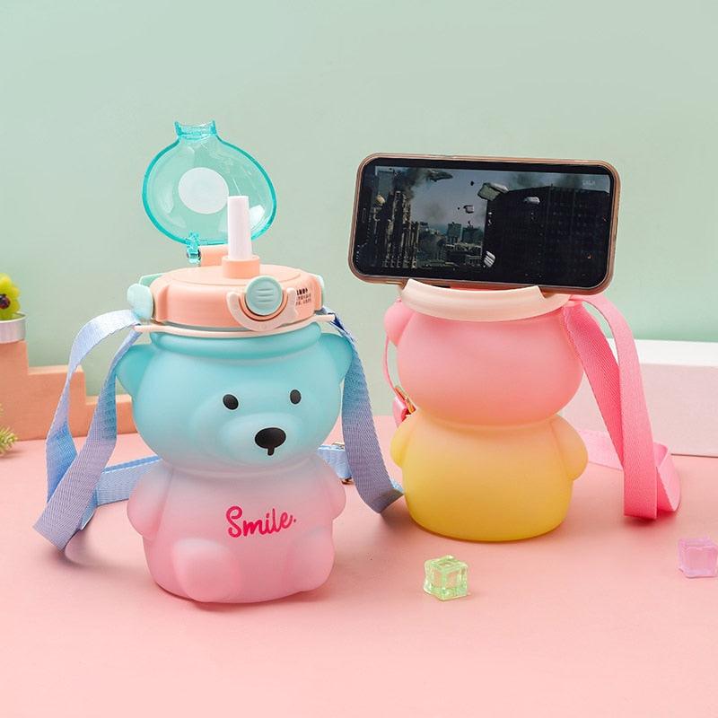 800ML Water Bottle for Kids with Straw Mug Cup Bear Summer Outdoor Sport Plastic Girls School Cute Drinking Cup Bear Water Bottle with Straw and Strap Cute Water Bottles for Kids Drinking Water Bottles Portable Leak Proof