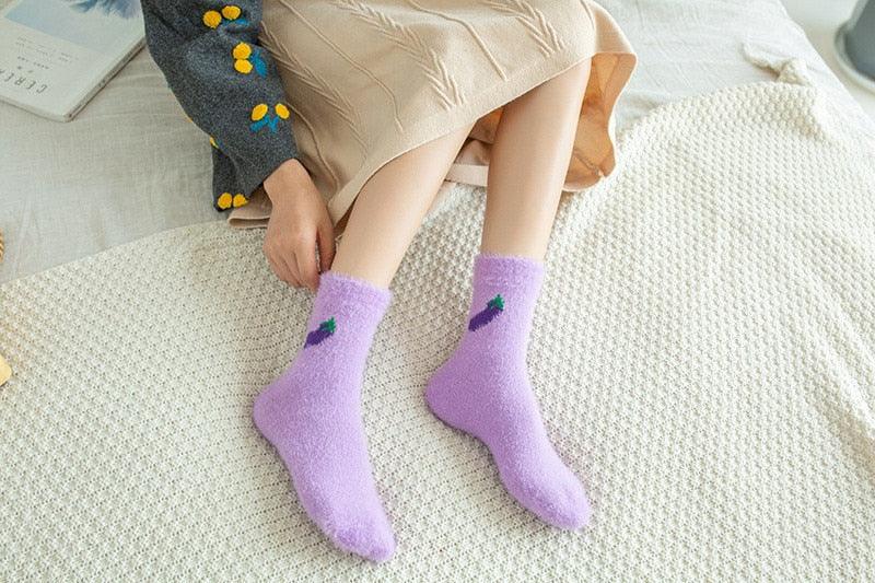 1 pairs Thermal Fluffy Socks Autumn-Winter New Year Socks New Fashion Warm Avocado Cherry Eggplant Socks Warm Ankle Socks Winter Socks For Men And Women Stevvex