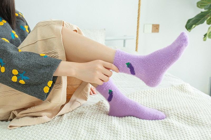 1 pairs Thermal Fluffy Socks Autumn-Winter New Year Socks New Fashion Warm Avocado Cherry Eggplant Socks Warm Ankle Socks Winter Socks For Men And Women Stevvex