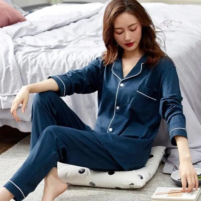 100% Cotton New Trendy  Pajamas For Women Full Sleeves Pajamas Button Down Winter Sleepwear Set Women White Cotton Pajamas Women's Loose Size V-neck Home Suit Long Sleeve Wide Leg Pants Pajamas Casual Home wear Stevvex