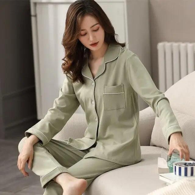 100% Cotton New Trendy  Pajamas For Women Full Sleeves Pajamas Button Down Winter Sleepwear Set Women White Cotton Pajamas Women's Loose Size V-neck Home Suit Long Sleeve Wide Leg Pants Pajamas Casual Home wear Stevvex