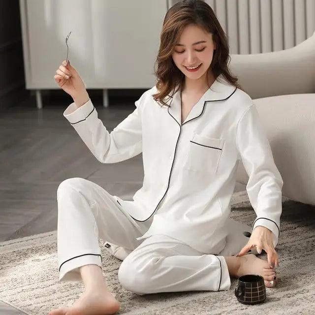 100% Cotton New Trendy  Pajamas For Women Full Sleeves Pajamas Button Down Winter Sleepwear Set Women White Cotton Pajamas Women's Loose Size V-neck Home Suit Long Sleeve Wide Leg Pants Pajamas Casual Home wear Stevvex