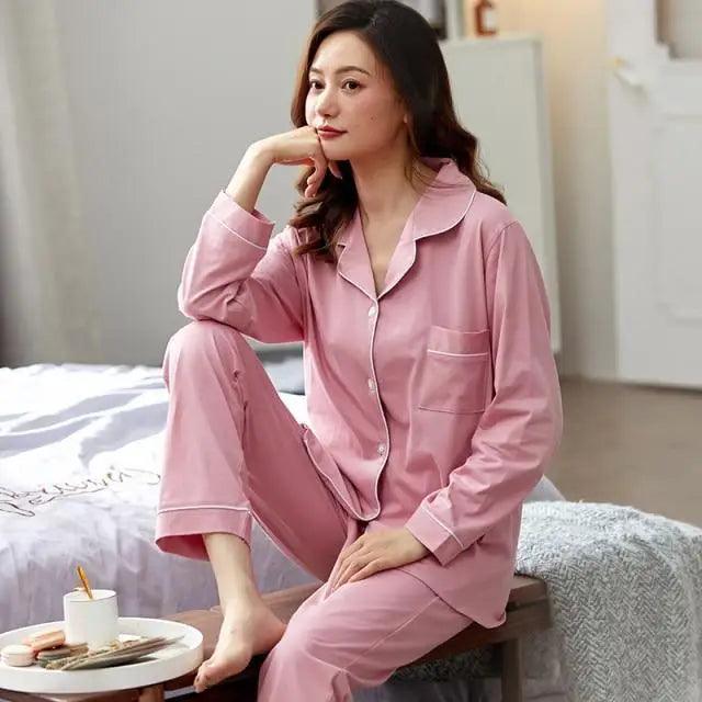 100% Cotton New Trendy  Pajamas For Women Full Sleeves Pajamas Button Down Winter Sleepwear Set Women White Cotton Pajamas Women's Loose Size V-neck Home Suit Long Sleeve Wide Leg Pants Pajamas Casual Home wear Stevvex