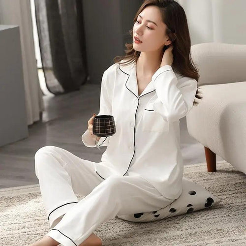 100% Cotton New Trendy  Pajamas For Women Full Sleeves Pajamas Button Down Winter Sleepwear Set Women White Cotton Pajamas Women's Loose Size V-neck Home Suit Long Sleeve Wide Leg Pants Pajamas Casual Home wear Stevvex