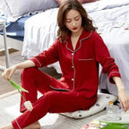 100% Cotton New Trendy  Pajamas For Women Full Sleeves Pajamas Button Down Winter Sleepwear Set Women White Cotton Pajamas Women's Loose Size V-neck Home Suit Long Sleeve Wide Leg Pants Pajamas Casual Home wear Stevvex