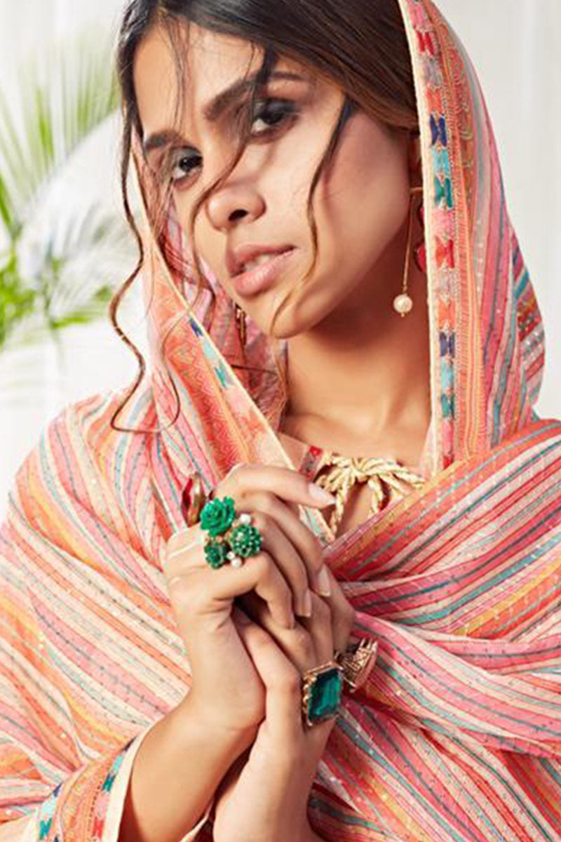 Peach Printed Cotton Suit Set with Mustard Pant & Multicolor Dupatta Purplish Diva