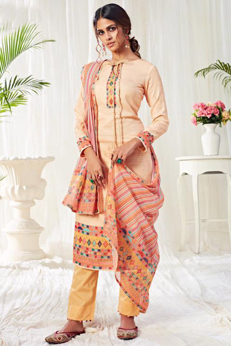 Peach Printed Cotton Suit Set with Mustard Pant & Multicolor Dupatta Purplish Diva
