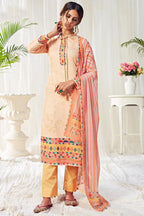 Peach Printed Cotton Suit Set with Mustard Pant & Multicolor Dupatta Purplish Diva