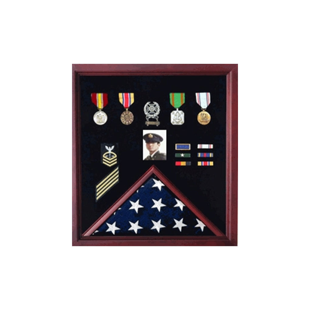 Flag Photo Display Case with Badge Display Case - Oak. The Military Gift Store