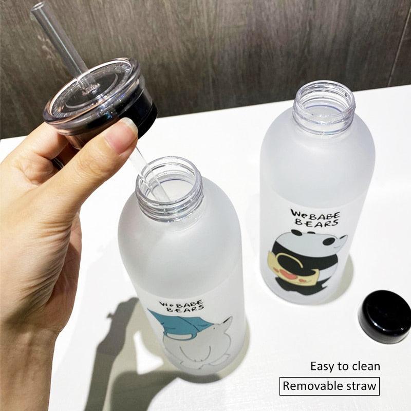 1000ml Water Bottles Cute Panda Bear Cup With Straw Transparent Cartoon Water Bottle Drinkware Frosted Cup Leak-proof  Plastic Straw Cartoon Frosted Leak Proof Panda Bear Pattern Transparent Water Cup Sports Drink Water Bottle Stevvex