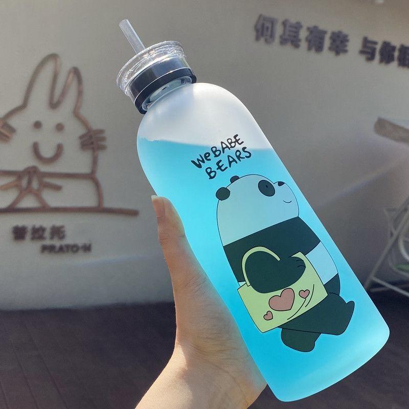1000ml Water Bottles Cute Panda Bear Cup With Straw Transparent Cartoon Water Bottle Drinkware Frosted Cup Leak-proof  Plastic Straw Cartoon Frosted Leak Proof Panda Bear Pattern Transparent Water Cup Sports Drink Water Bottle Stevvex