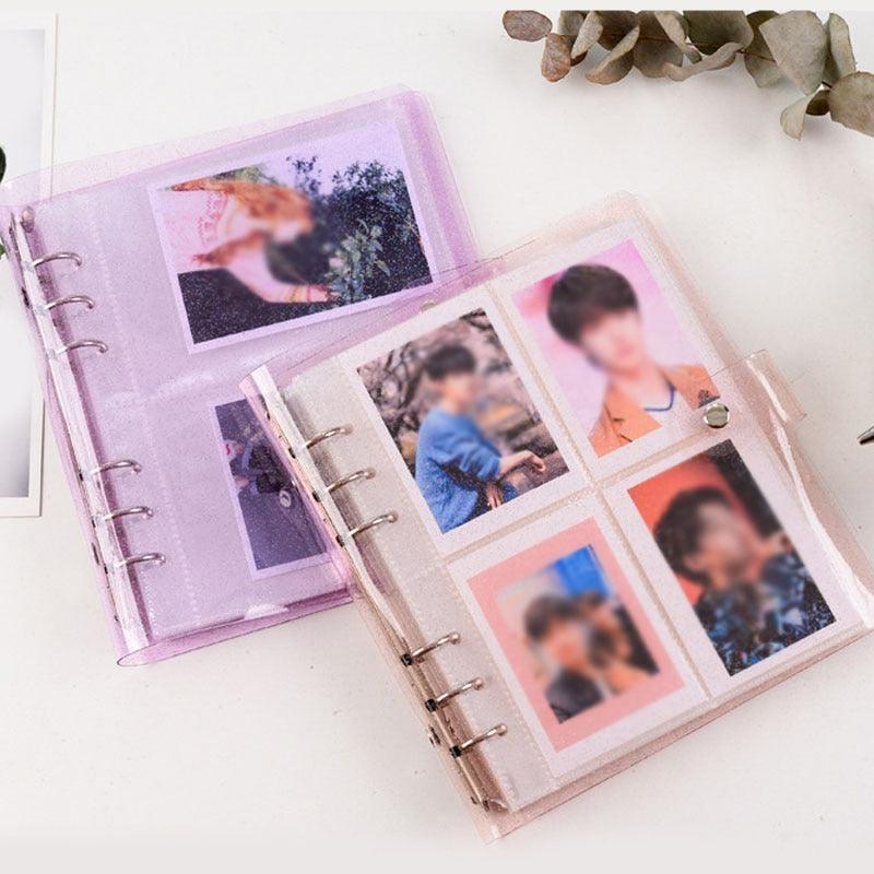 100/200 Pockets Photo Album 3/5 inches Mini Picture Case Name Card Storage Collect Book Photocard Shiny Clear 6-Ring Binder Cover Refillable Notebook Photo Album Stevvex