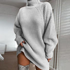 Solid Turtleneck Long Sweater Winter Warm Women Sweater Dress Pi-Mart
