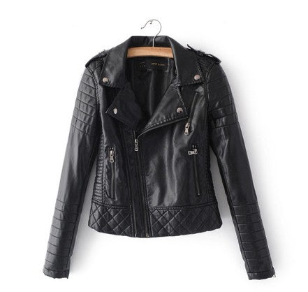 Women's Faux Leather Motorcycle Jacket - Spring/Autumn Lapel Biker Coat with Zipper Details (Blue/Black)
