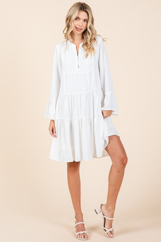 Tiered Notched Flare Sleeve Dress – Playful and Stylish Dress with Flare Sleeves and Notched Neckline Stevvex