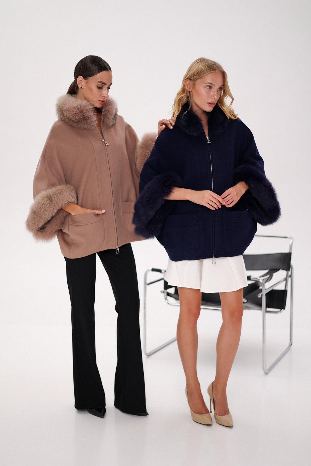 Genuine Polar Fox Fur Cashmere Blend Poncho in True Navy - SJB-DIAMOND ELITES