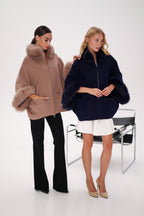 Genuine Polar Fox Fur Cashmere Blend Poncho in True Navy - SJB-DIAMOND ELITES
