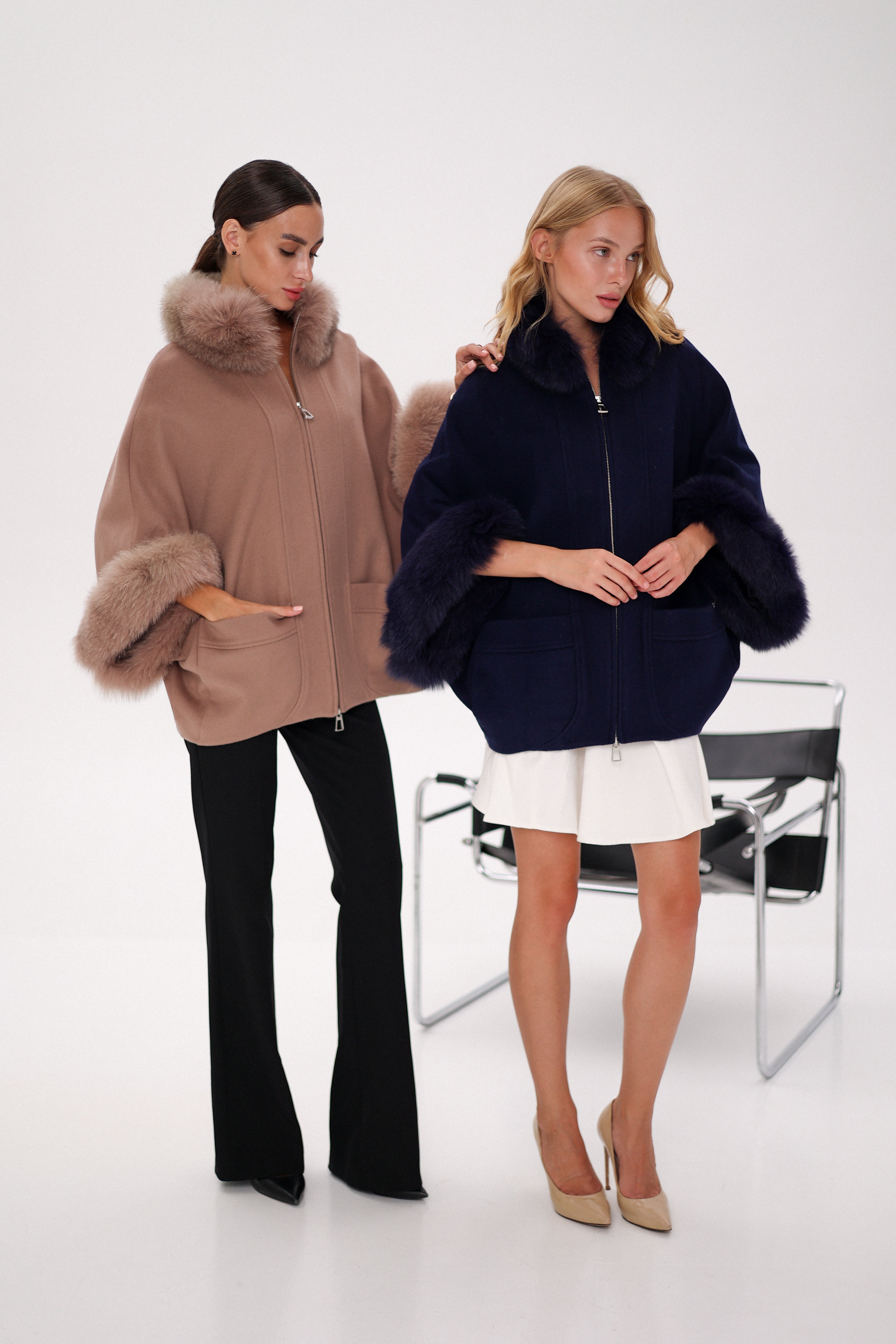 Genuine Polar Fox Fur Cashmere Blend Poncho in True Navy - SJB-DIAMOND ELITES